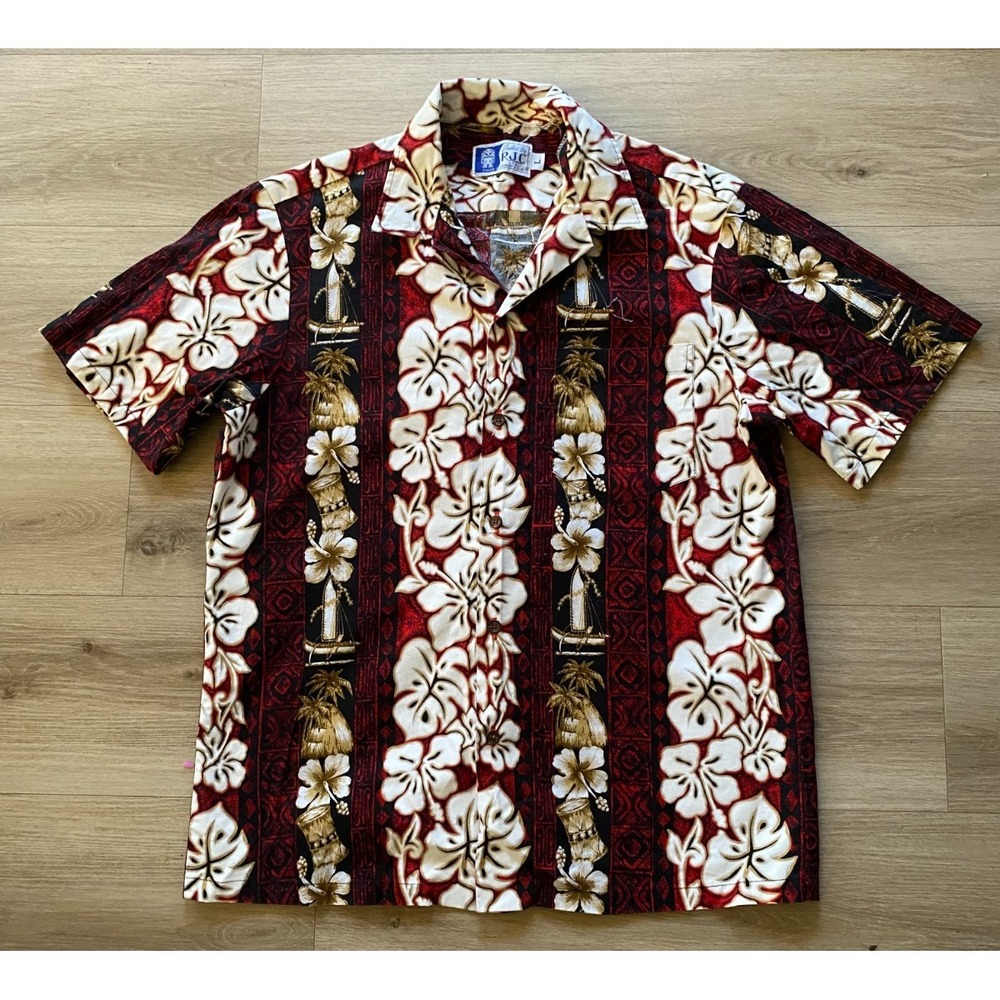 RJC Ltd Men’s L Hawaiian Aloha Shirt Made in Hawaii Hibiscus Floral Burgundy